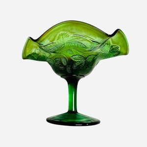 Vintage Fenton Carnival Glass Emerald Green Blackberry Bramble Ruffled Compote